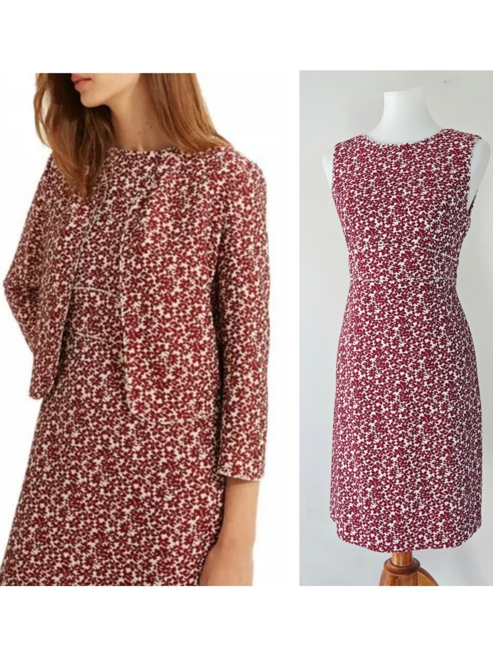 Gerard Darel Red Floral Jacquard Short Jacket And Dress Set Size 4 Size 6 36 38